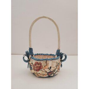 Vintage Rattan Basket, White with Flowers and Pink Handle, vintage kitchen